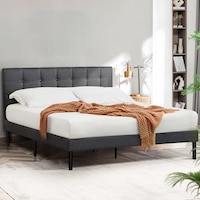 Furb Double Platform Bed Frame with Upholstered Headboard and Srtong Wooden Slats,Charcoal