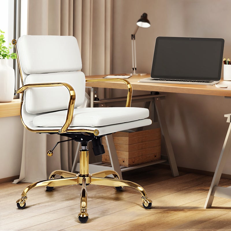 Furb Office Chair Gaming Executive Mid-Back Thick Padded PU Leather Work Study Eames Replica White
