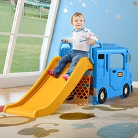 Juna 5-in-1 Kids Slide, Toddlers Slide with Bus Playhouse, Basketball Hoop and Baseball Set