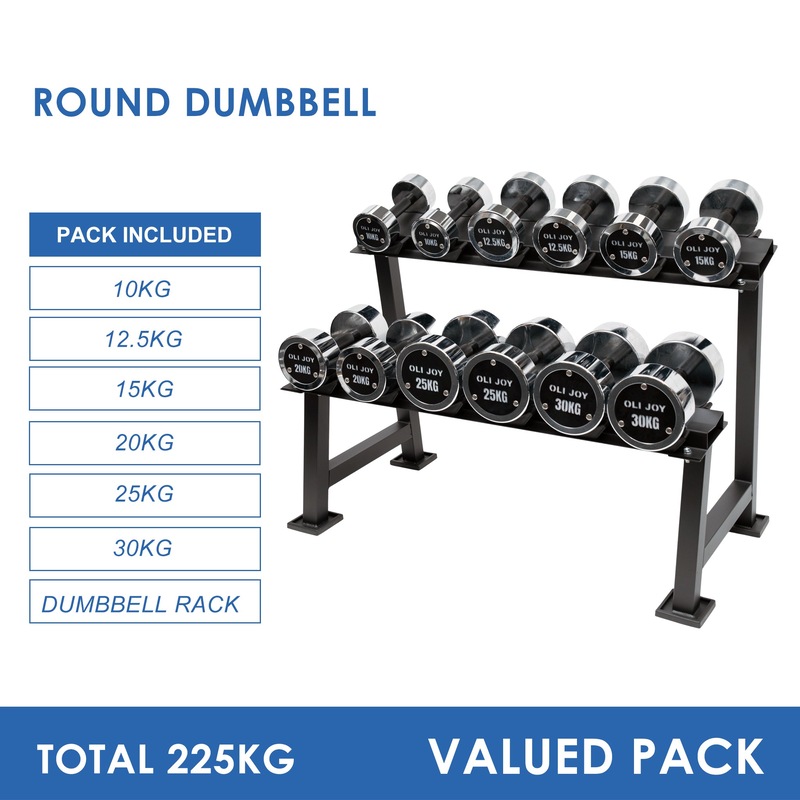 10kg to 30kg Chrome Round Dumbbell & Storage Rack (6 pairs – 225kg) Australia