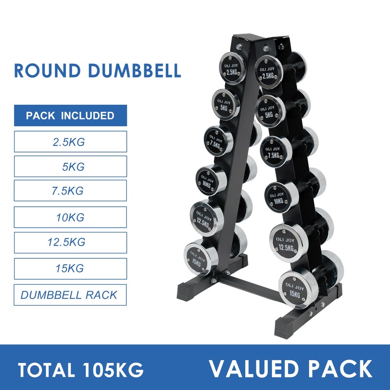 2.5kg to 15kg Chrome Round Dumbbell & Storage Rack Bundle (6 pairs - 105kg) Australia