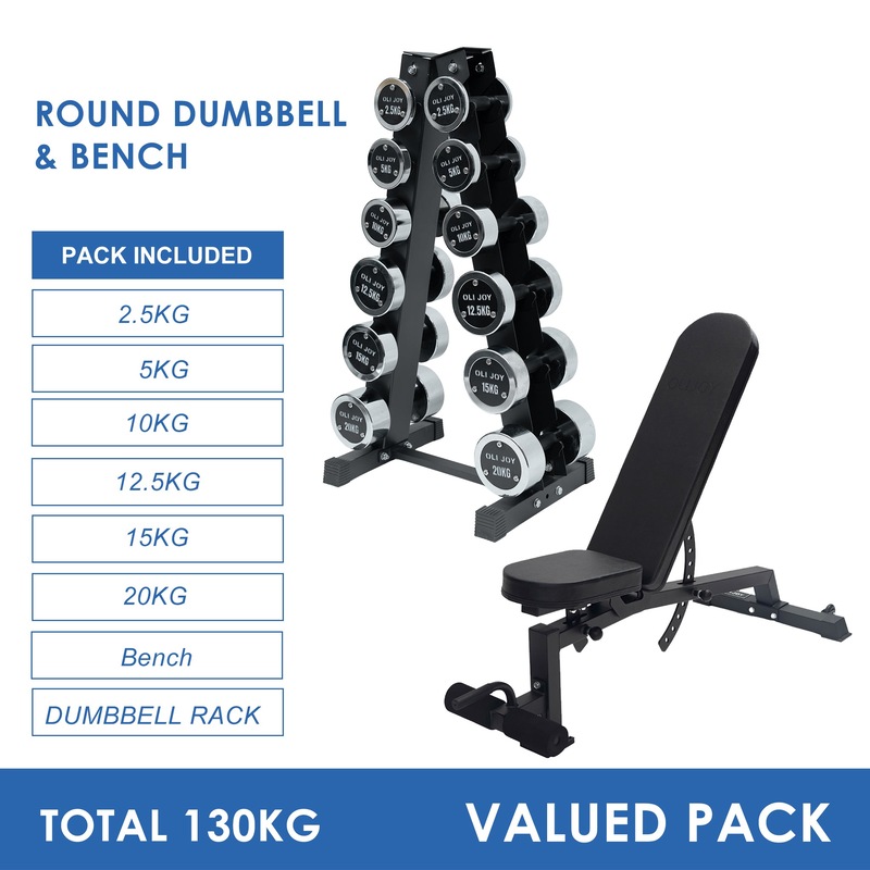 2.5kg to 20kg Chrome Round Dumbbell & Storage Rack & Bench Bundle (6 pairs - 130kg) Australia