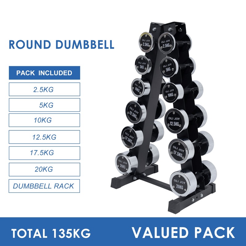 2.5kg to 20kg Chrome Round Dumbbell & Storage Rack Bundle (6 pairs - 135kg) Australia