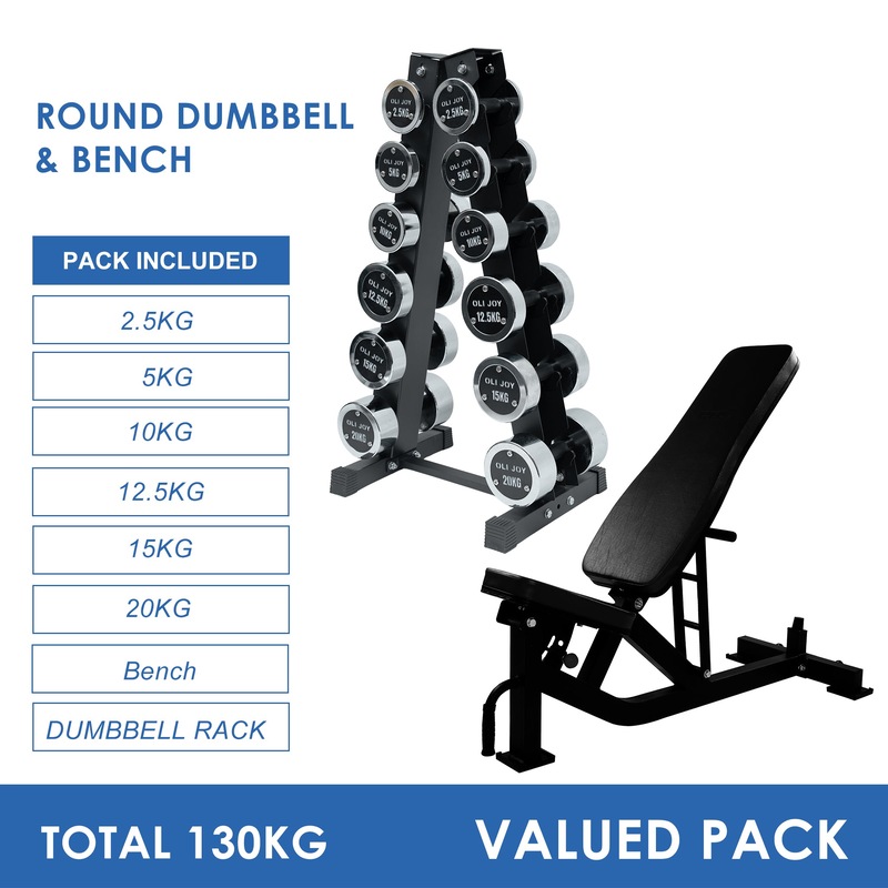 2.5kg to 20kg Chrome Round Dumbbell & Storage Rack & Commercial Bench Bundle (6 pairs – 130kg) Australia