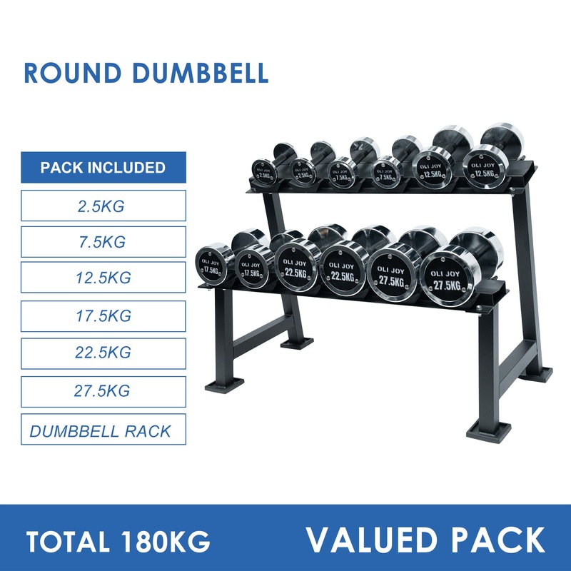 2.5kg to 27.5kg Chrome Round Dumbbell & Storage Rack (6 pairs – 180kg) Australia