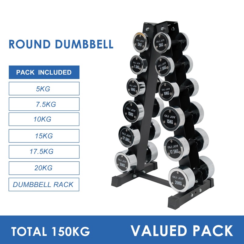 5kg to 20kg Chrome Round Dumbbell & Storage Rack Bundle (6 pairs – 150kg) Australia