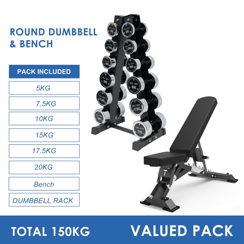 5kg to 20kg Chrome Round Dumbbell & Storage Rack & Premium Bench Bundle (6 pairs - 150kg) Australia