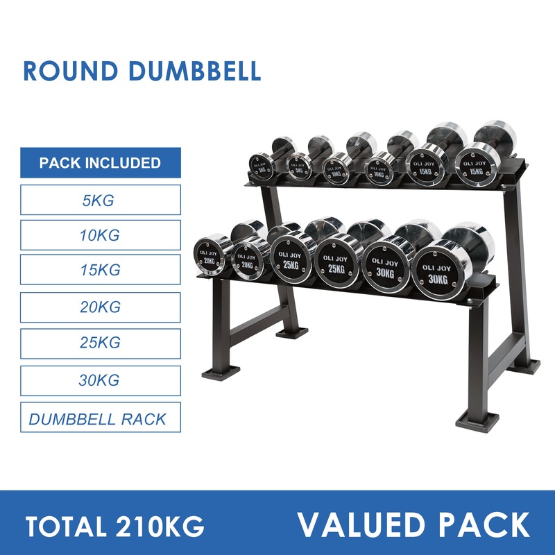 5kg to 30kg Chrome Round Dumbbell & Storage Rack (6 pairs – 210kg) Australia