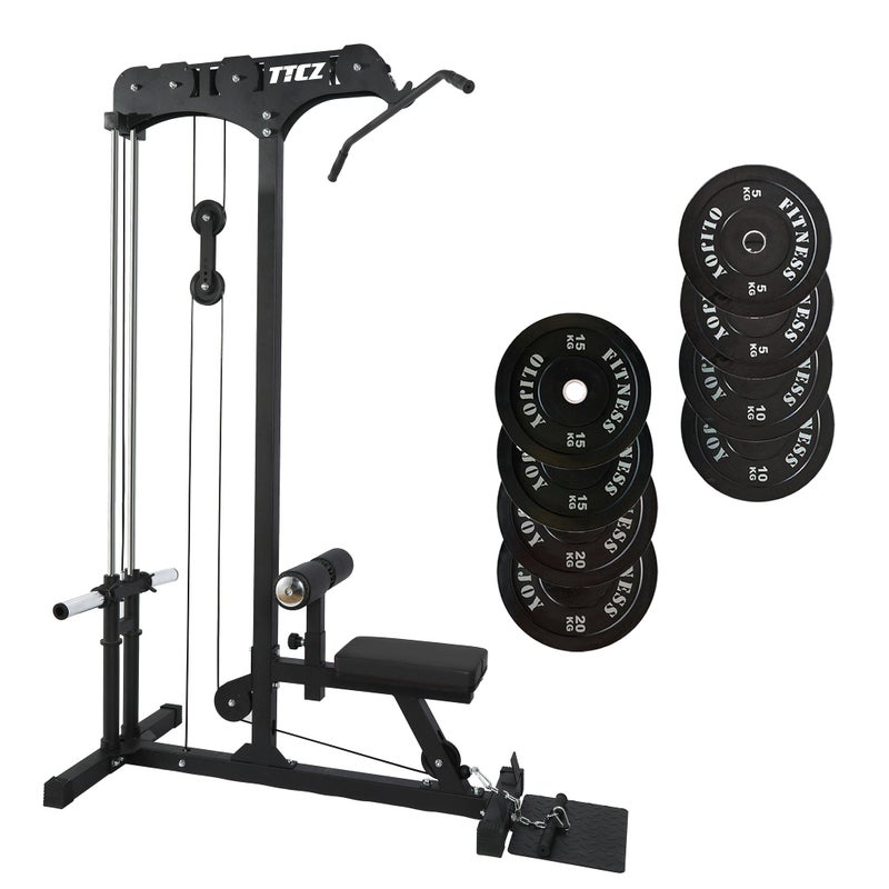 Lat Pull Down Low Row Machine Bundle - 100kg Black Bumper Plates Australia