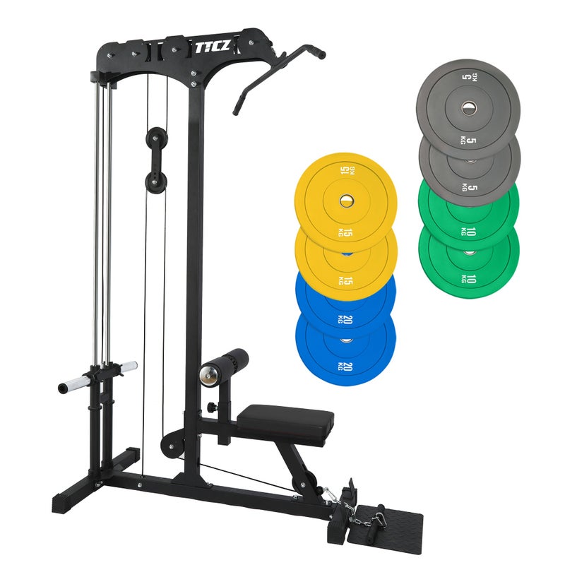 Lat Pull Down Low Row Machine Bundle - 100kg Colour Bumper Plates Australia