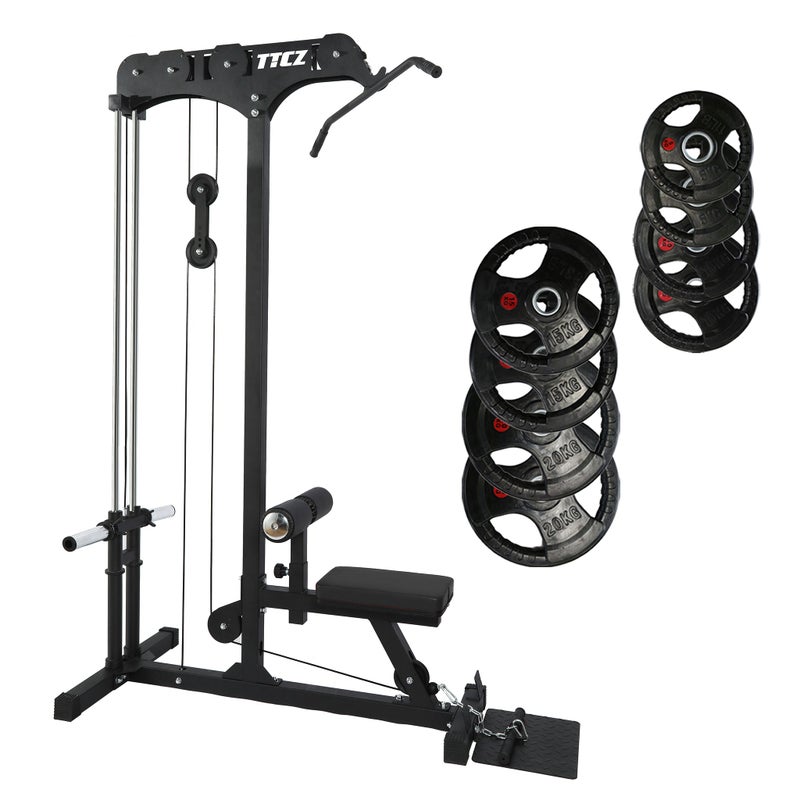 Lat Pull Down Low Row Machine Bundle - 100kg Rubber Weight Plates Australia