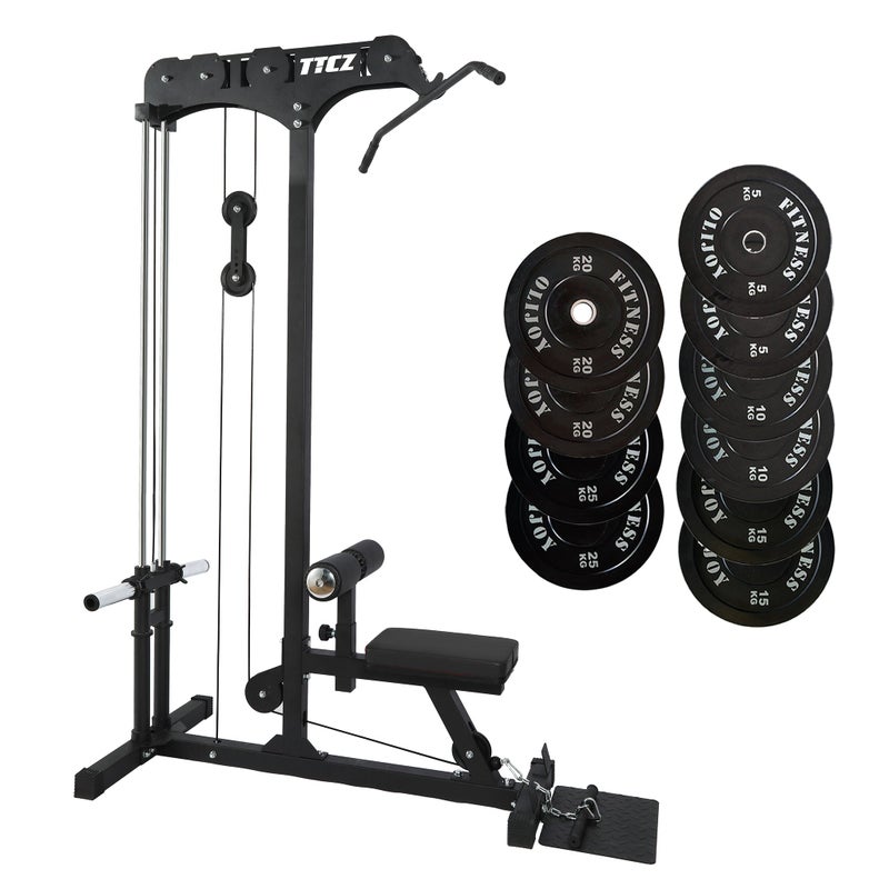 Lat Pull Down Low Row Machine Bundle - 150kg Black Bumper Plates Australia