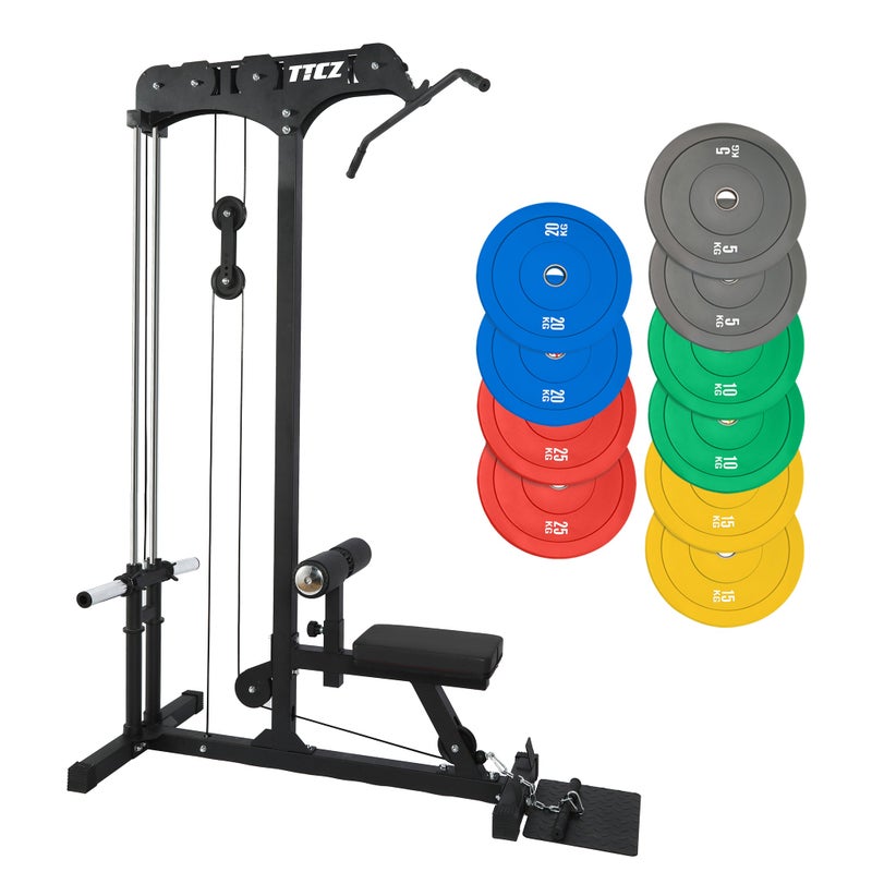 Lat Pull Down Low Row Machine Bundle - 150kg Colour Bumper Plates Australia