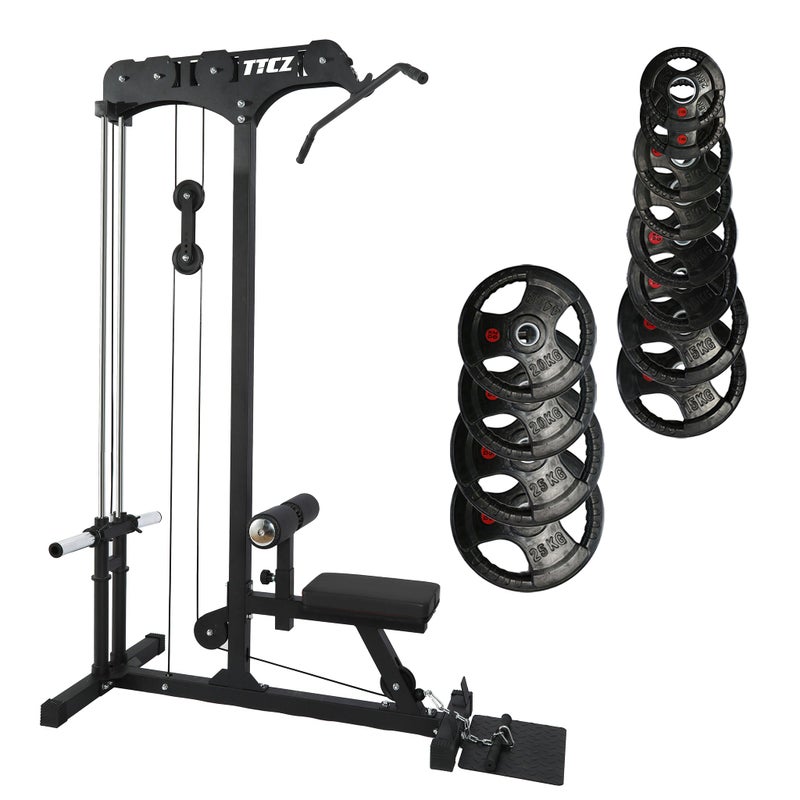 Lat Pull Down Low Row Machine Bundle - 155kg Rubber Weight Plates Australia