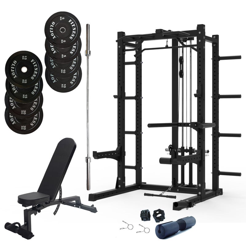 Multifunctional Squat Rack Bundle - 100kg Black Bumper Weight Plates, Barbell & Workout Bench Australia