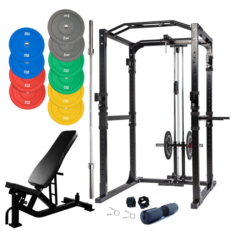 Power Rack Bundle – 150kg Colour Weight Plates, Barbell & Bench Unbranded