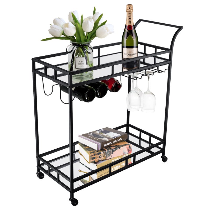 Black 2-tier Metal Bar Cart Drinks Serving Trolley Alcohol Whiskey Rack Holder Kitchen Dining Trolley Glass Storage Holder