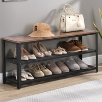 HOMFURN 3-Tier Shoe Bench with Storage, Entryway Shoe Rack with Mesh Shelves Wood Seat,Rustic Brown