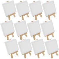 12 x MINI STRETCHED CANVAS WITH DISPLAY EASEL 7x7cm - Kids Crafts Mini Canvases with Easels Painting Party Oil Acrylic Paints Canvas for Painting