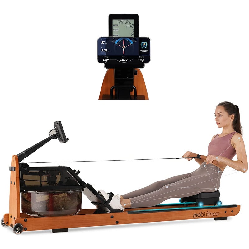 MOBI FITNESS Water Rowing Machine for Home Use, Water Rower with Bluetooth APP, Indoor Cardio Machine Water Resistance, Wooden Rower with LCD Monitor