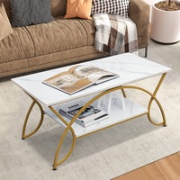 Giantex 2-Tier Faux Marble Coffee Table Rectangular Accent Table w/Storage Shelf & Metal Frame Sofa Side Table Gold