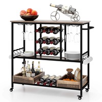 Giantex 3-Tier Bar Cart Mobile Wine Rack w/Glass Holders & Hooks Home Serving Trolley Brown