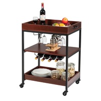 Giantex 3-Tier Kitchen Island Cart Mobile Bar Serving Trolley w/Wine Rack & Glass Holders Wood Utility Cart Rustic Brown