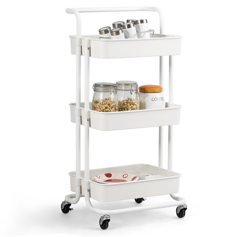 Giantex 3-tier Mobile Storage Trolley Utility Storage Rolling Cart w/Handle Home Office Storage Organiser Cart White