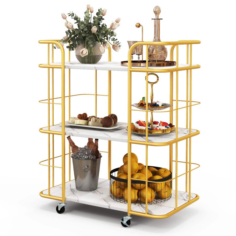 Giantex 3-Tier Storage Serving Cart Gold Metal Frame Bar Cart w/Handles Kitchen Trolley