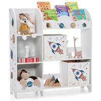 Giantex 3-Tier Kids Bookshelf Wooden Children Bookcase Toy Storage Organiser Display Cabinet w/2 Cloth Drawers &3 Slots Nova Rocket Design, White