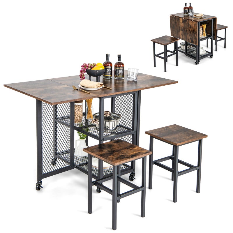 Giantex 3pcs Folding Dining Table Set Rolling Kitchen Table & 2 Stools w/Mesh Storage Shelves Space Saver