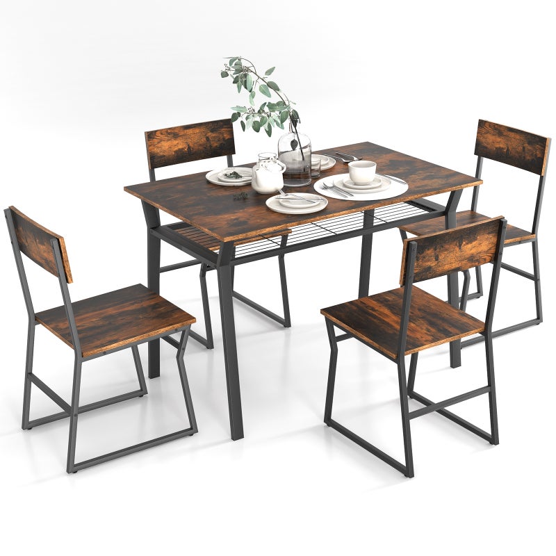 Giantex 5PCS Dining Table Set Rectangular Kitchen Table & 4 Chairs w/Storage Rack Industrial Dining Table Furniture Set Brown