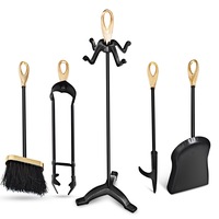 Giantex 5PCS Iron Fireplace Set Utility Detachable Tool Set w/Shovel Poker Brush Tongs Stand Stove Working Set Black