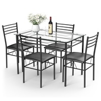 Giantex 5PCS Kitchen Table Set Glass Top Table & 4 Chairs Set w/Metal Frame Kitchen Breakfast Furniture Black