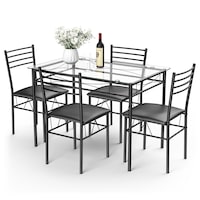 Giantex 5PCS Kitchen Table Set Glass Top Table & 4 Chairs Set w/Metal Frame Kitchen Breakfast Furniture Black