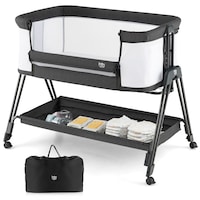 Giantex Baby Bedside Sleeper Bassinet w/ Wheels & Storage Tray Folding Adjustable Crib Bedroom Kidsroom Grey