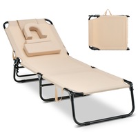 Giantex Folding Lounge Chair for Beach Poolside Balcony Patio, Portable Recliner w/Tanning Face Down Hole and Pillow, Beige
