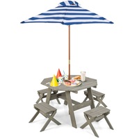 Giantex Kids Picnic Table & 4 Chairs Toddler Outdoor Wooden Table w/Foldable Umbrella Children Activity Play Center Grey