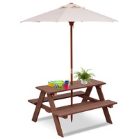 Giantex Kids Picnic Table & Chairs Outdoor Dining Table Set Folding Umbrella 4-Seat Wood Activity Play Table Birthday Gift