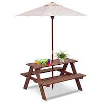 Giantex Kids Picnic Table & Chairs Outdoor Dining Table Set Folding Umbrella 4-Seat Wood Activity Play Table Birthday Gift