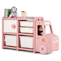 Giantex Kids Toy Storage Organizer Truck-shaped Toddler Storage Cabinet w/2 Plastic Bins & Drawers for Playroom Bedroom Pink
