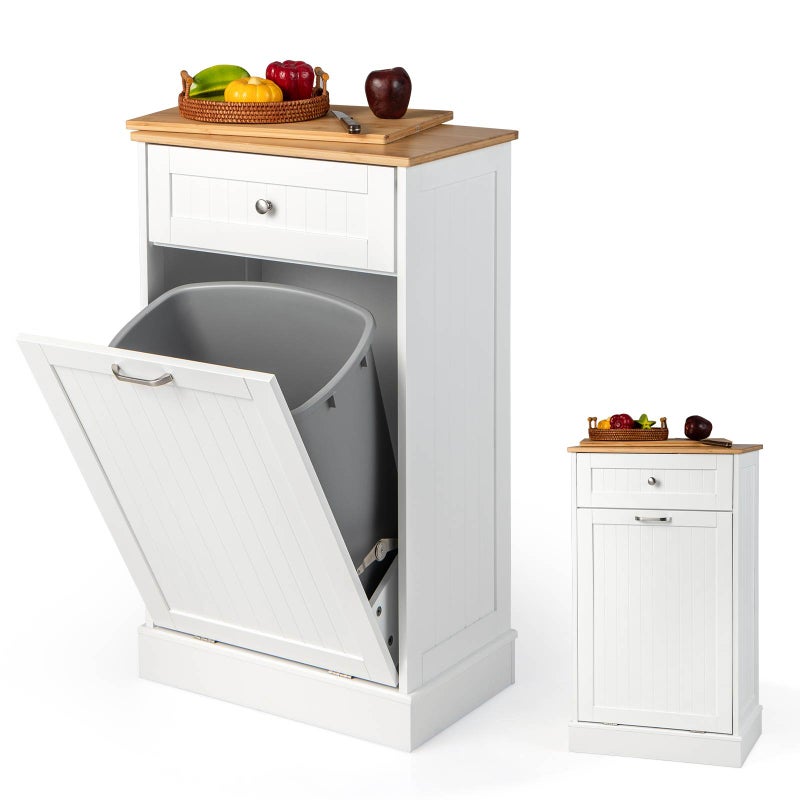 Giantex Kitchen Buffet Sideboard Tilt Out Trash Bin Cabinet w/Drawer & Bamboo Countertop Laundry Hamper Cabinet White