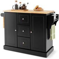 Giantex Mobile Kitchen Island Cart Serving Trolley w/Rubber Wood Countertop & Adjustable Shelves Buffet Sideboard Cabinet Black