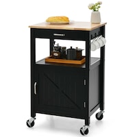 Giantex Kitchen Island Cart Home Serving Trolley w/Rubber Wood Top & Storage Drawer Coffee Cart on Wheels Black