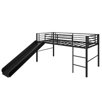 Giantex Metal Loft Bed Frame Noiseless w/Guardrails Built-in Ladder Sliding Board Single Size Black