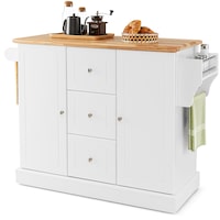 Giantex Mobile Kitchen Island Cart Serving Trolley w/Rubber Wood Countertop & Adjustable Shelves Buffet Sideboard Cabinet White