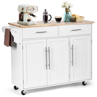 Giantex Mobile Kitchen Island Cart Storage Trolley w/Towel Bar & 2 Drawers Rubber Wood Top for Dining Room White
