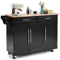 Giantex Mobile Kitchen Island Cart Storage Trolley w/Towel Bar & 2 Drawers Rubber Wood Top for Dining Room Black