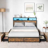 Giantex Bed Frame Queen Size RGB LED App Control Mattress Base Platform w/Charging Station & 4 Drawers Rustic Brown