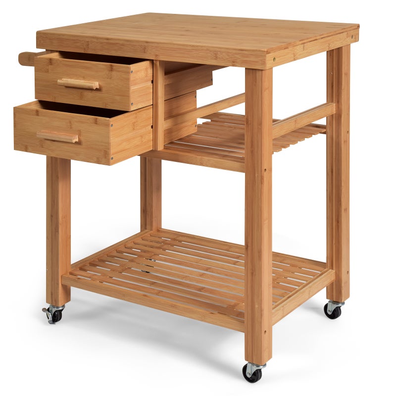Giantex Mobile Bamboo Kitchen Island Cart Kitchen Trolley Cart w/ Drawers & Shelves Utility Serving Cart Dining Room
